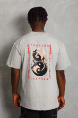 Unisex Oversize Baskılı Bisiklet Yaka T-Shirt - Gri