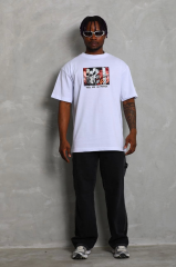Unisex Oversize Baskılı Bisiklet Yaka T-Shirt - Beyaz