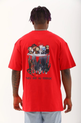 Unisex Oversize Baskılı Bisiklet Yaka T-Shirt - Kırmızı