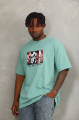 Unisex Oversize Baskılı Bisiklet Yaka T-Shirt - Mint Yeşili