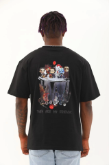 Unisex Oversize Baskılı Bisiklet Yaka T-Shirt - Siyah
