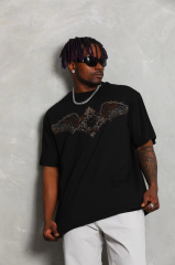 Unisex Oversize Taşlı Bisiklet Yaka T-Shirt - Siyah