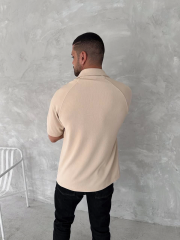 Yakalı Patlı Kısa Kol T-shirt - Bej
