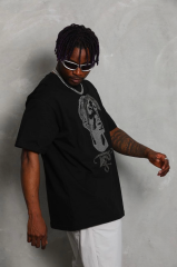 Unisex Oversize Taşlı Bisiklet Yaka T-Shirt - Siyah