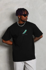 Unisex Oversize Baskılı Bisiklet Yaka T-Shirt - Siyah