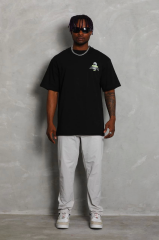 Unisex Oversize Baskılı Bisiklet Yaka T-Shirt - Siyah