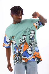 Unisex Oversize Baskılı Bisiklet Yaka T-Shirt - Mint Yeşili