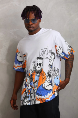 Unisex Oversize Baskılı Bisiklet Yaka T-Shirt - Beyaz