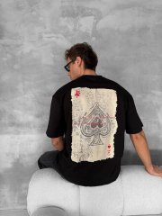 Ön ve Arka Baskılı Oversize Bisiklet Yaka T-shirt - Siyah
