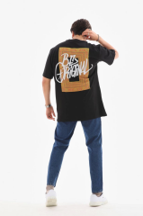 Unisex Bisiklet Yaka Baskılı Oversize T-Shirt - Siyah