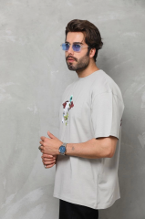 Unisex Bisiklet Yaka Baskılı Oversize T-Shirt - Gri