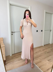 Yakalı Fitilli Kısa kollu Uzun Triko Elbise - Kırık Beyaz