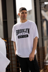 Unisex Bisiklet Yaka Baskılı Oversize T-Shirt - Beyaz