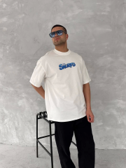 Ön ve Arka Baskılı Oversize Bisiklet Yaka T-shirt- Beyaz