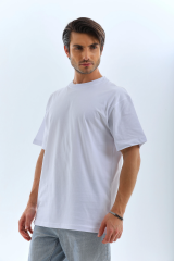 Unisex Oversize Düz Bisiklet Yaka T-Shirt - Beyaz