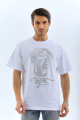 Unisex Oversize Taşlı Bisiklet Yaka T-Shirt - Beyaz