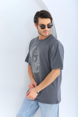 Unisex Oversize Taşlı Bisiklet Yaka T-Shirt - Füme