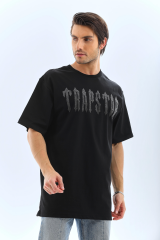Unisex Oversize Taşlı Bisiklet Yaka T-Shirt - Siyah