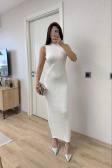 Fitilli Triko Elbise Maxi Uzun boy - Beyaz