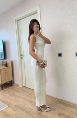 Fitilli Triko Elbise Maxi Uzun boy - Beyaz