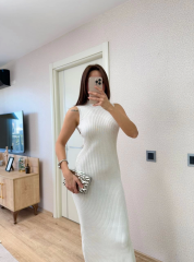 Fitilli Triko Elbise Maxi Uzun boy - Beyaz