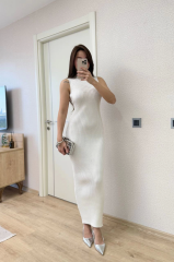 Fitilli Triko Elbise Maxi Uzun boy - Beyaz