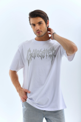Unisex Oversize Taşlı Bisiklet Yaka T-Shirt - Beyaz