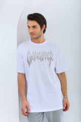 Unisex Oversize Taşlı Bisiklet Yaka T-Shirt - Beyaz