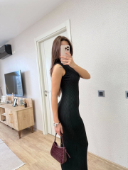 Fitilli Triko Elbise Maxi Uzun boy - Siyah