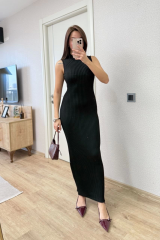 Fitilli Triko Elbise Maxi Uzun boy - Siyah