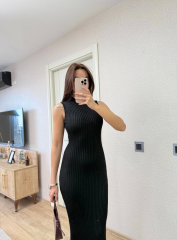 Fitilli Triko Elbise Maxi Uzun boy - Siyah