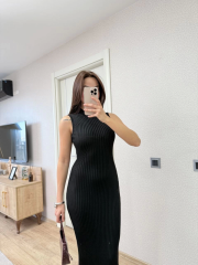 Fitilli Triko Elbise Maxi Uzun boy - Siyah
