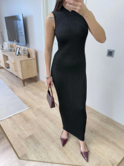 Fitilli Triko Elbise Maxi Uzun boy - Siyah