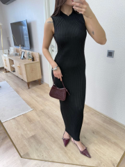 Fitilli Triko Elbise Maxi Uzun boy - Siyah