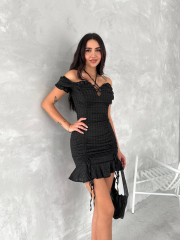 Göğüs Bağlamalı Mini Elbise - Siyah