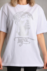 Unisex Taş Desenli Oversize T-Shirt - Beyaz