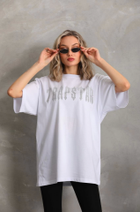 Unisex Taş Desenli Oversize T-Shirt - Beyaz