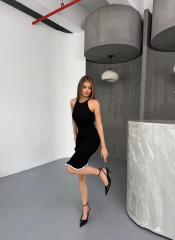 Fırfır Detaylı Triko Elbise- Siyah