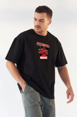 Unisex Bisiklet Yaka Baskılı Oversize T-Shirt - Siyah