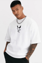 Unisex Bisiklet Yaka Baskılı Oversize T-Shirt - Beyaz
