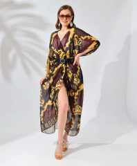 Kadın Rahat Kesim Kemerli Şifon Kimono - Kahve