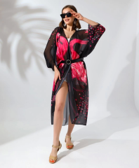 Kadın Rahat Kesim Kemerli Şifon Kimono - Siyah