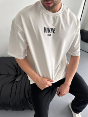 Baskılı Oversize Bisiklet Yaka T-shirt - Beyaz