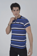 Erkek Yakalı Slim Fit Dokuma Çizgili T-Shirt - Mavi