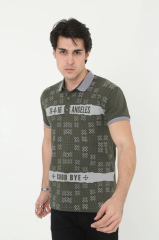 Erkek Yakalı Slim Fit Baskılı T-Shirt - Haki