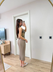 Fitilli Triko Elbise Kolsuz Sırtı Kapalı Maxi Uzun Boy - Açık Kahve