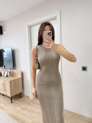 Fitilli Triko Elbise Kolsuz Sırtı Kapalı Maxi Uzun Boy - Açık Kahve