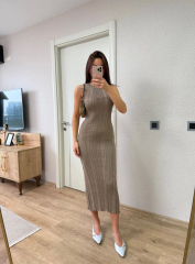 Fitilli Triko Elbise Kolsuz Sırtı Kapalı Maxi Uzun Boy - Açık Kahve