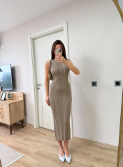 Fitilli Triko Elbise Kolsuz Sırtı Kapalı Maxi Uzun Boy - Açık Kahve