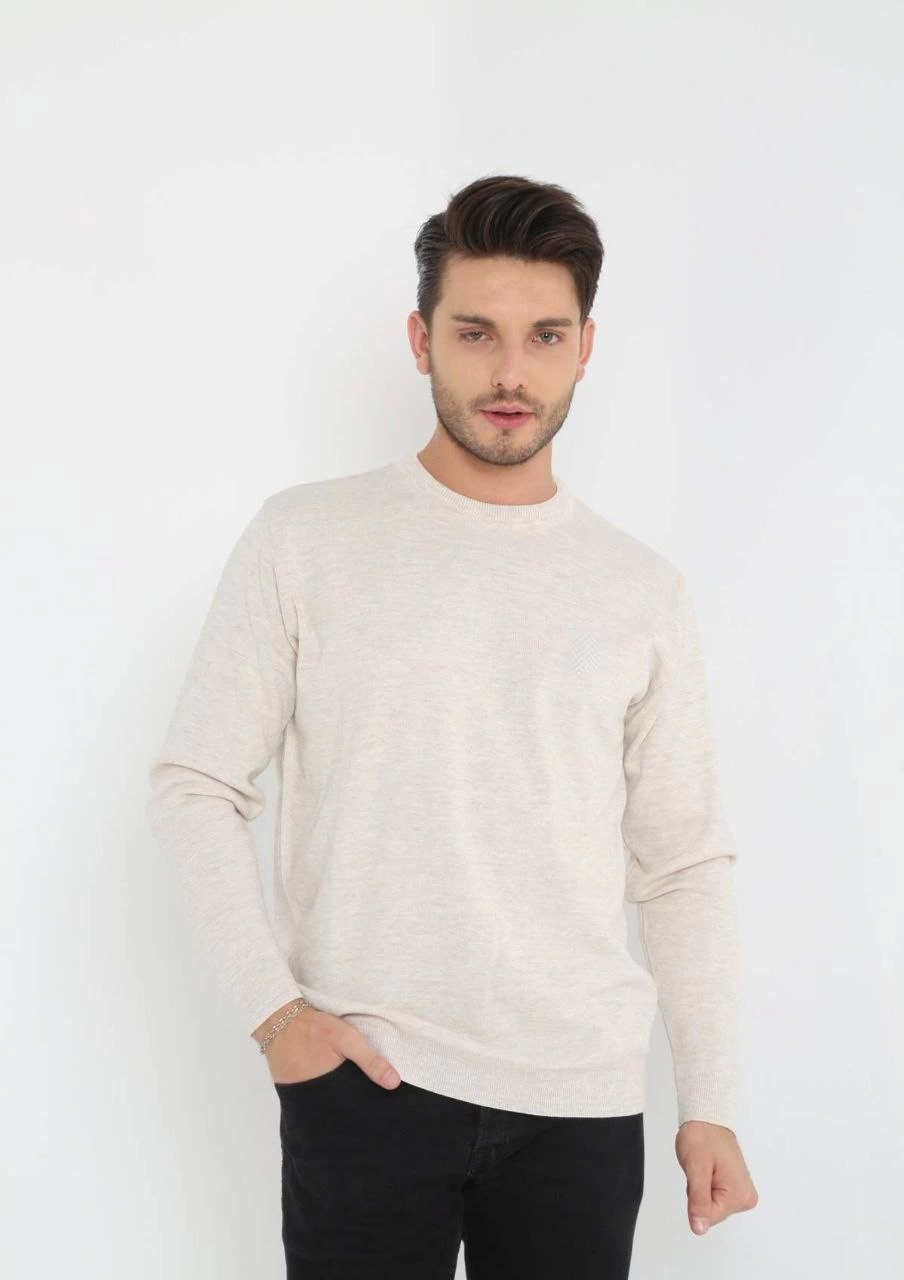 Unisex Uzun Kol Biskilet Yaka Dokuma Triko - Bej